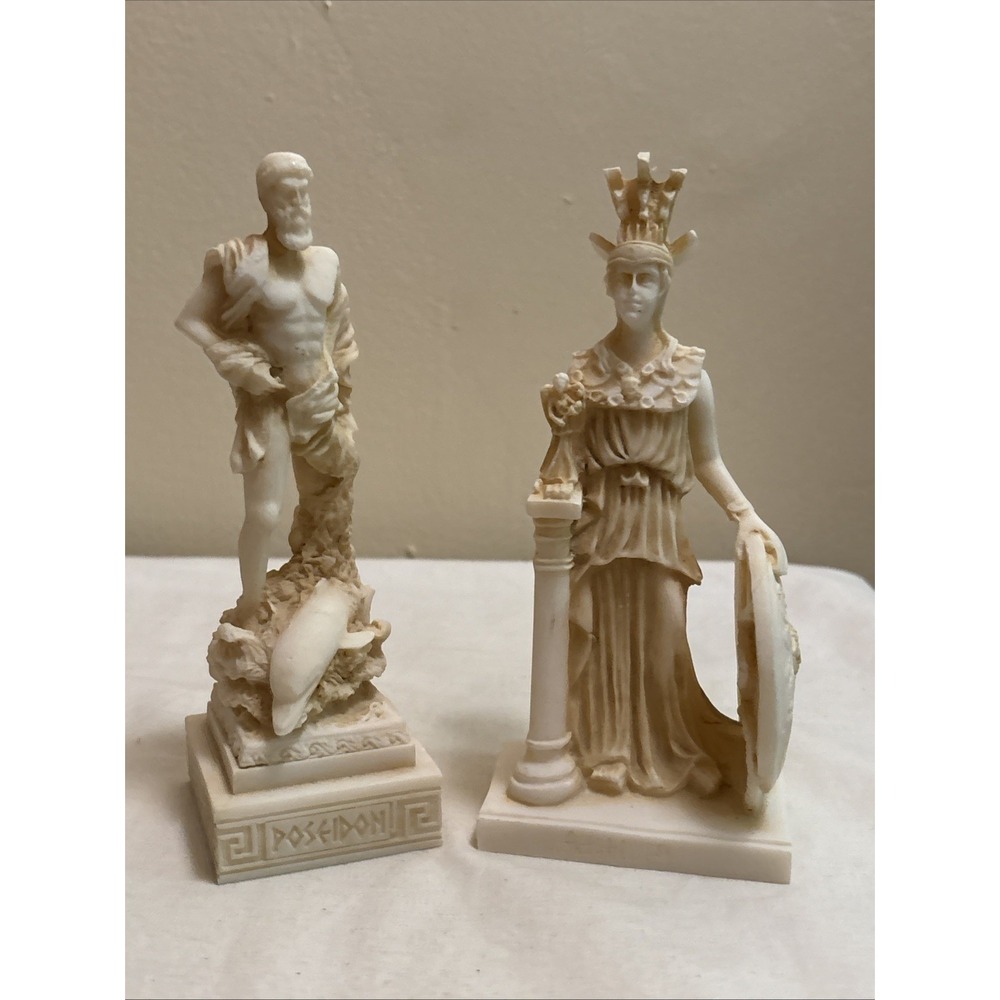Poseidon Athena Greek Handmade Alabaster Statues 6.5in Made In Greece